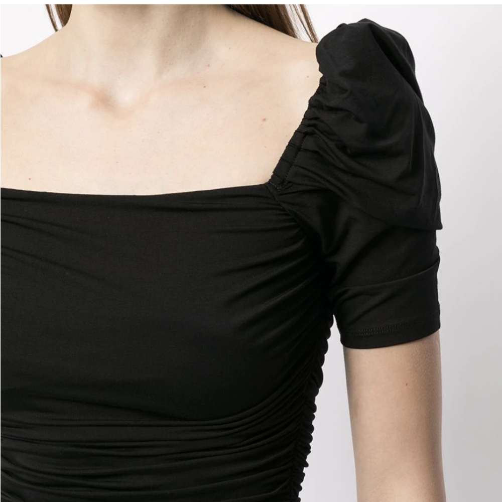 FRAME Betty Knitted Black Noir Square Neck Ruched Puff Sleeve Top Shirt - Picture 9 of 16